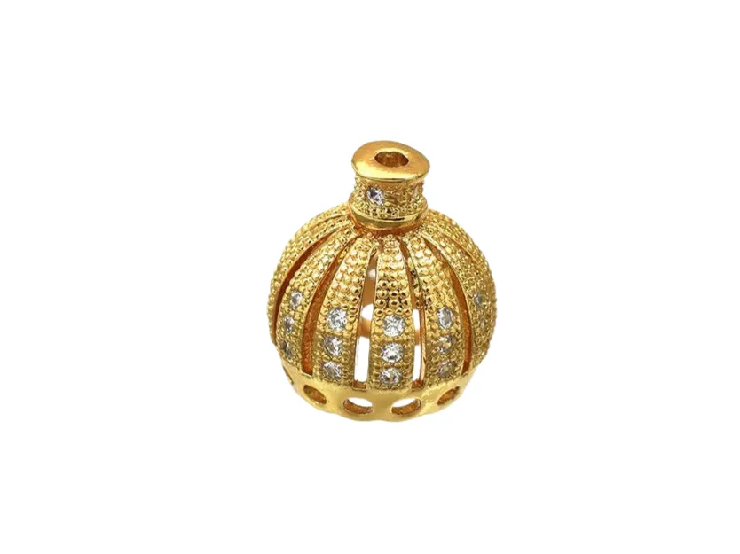 18K Gold Filled Look, Bead Cap Crown Charm with CZ - Luxurious 13x11mm Pendant for Jewelry Making, Perfect for 7mm Stones GFM44