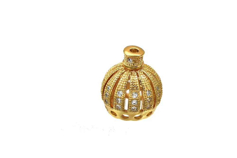 18K Gold Filled Look, Bead Cap Crown Charm with CZ - Luxurious 13x11mm Pendant for Jewelry Making, Perfect for 7mm Stones GFM44