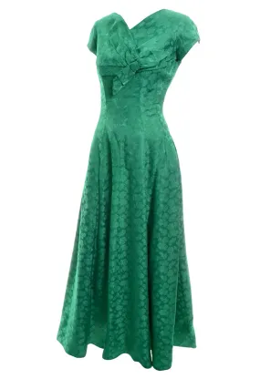 1950's Emerald Green Floral Satin Vintage Dress with Bow