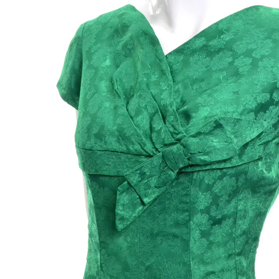 1950's Emerald Green Floral Satin Vintage Dress with Bow