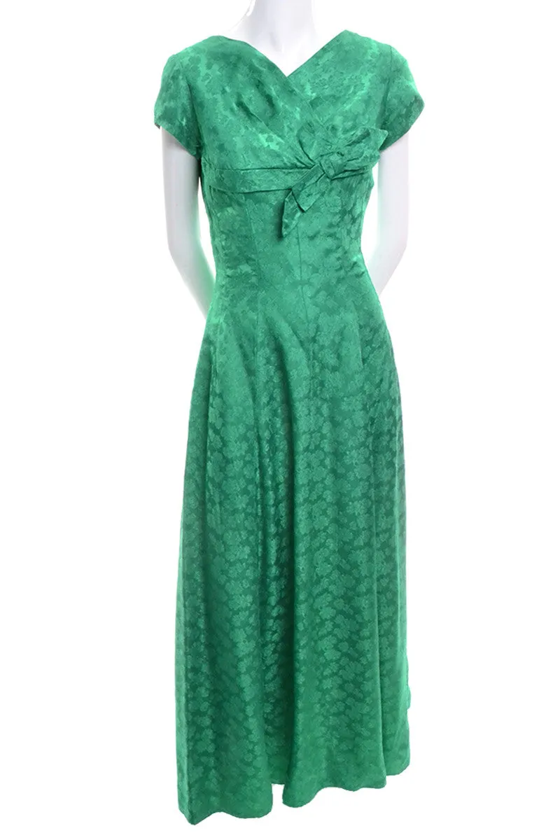 1950's Emerald Green Floral Satin Vintage Dress with Bow