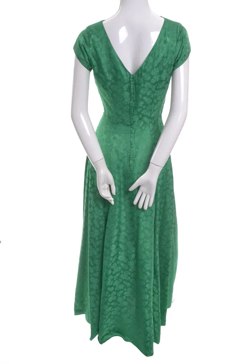 1950's Emerald Green Floral Satin Vintage Dress with Bow