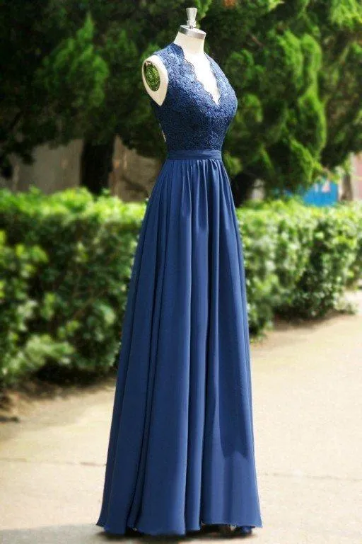 2024 Blue Floor-Length/Long A-Line/Princess Backless Lace V-Neck Chiffon Prom Dresses