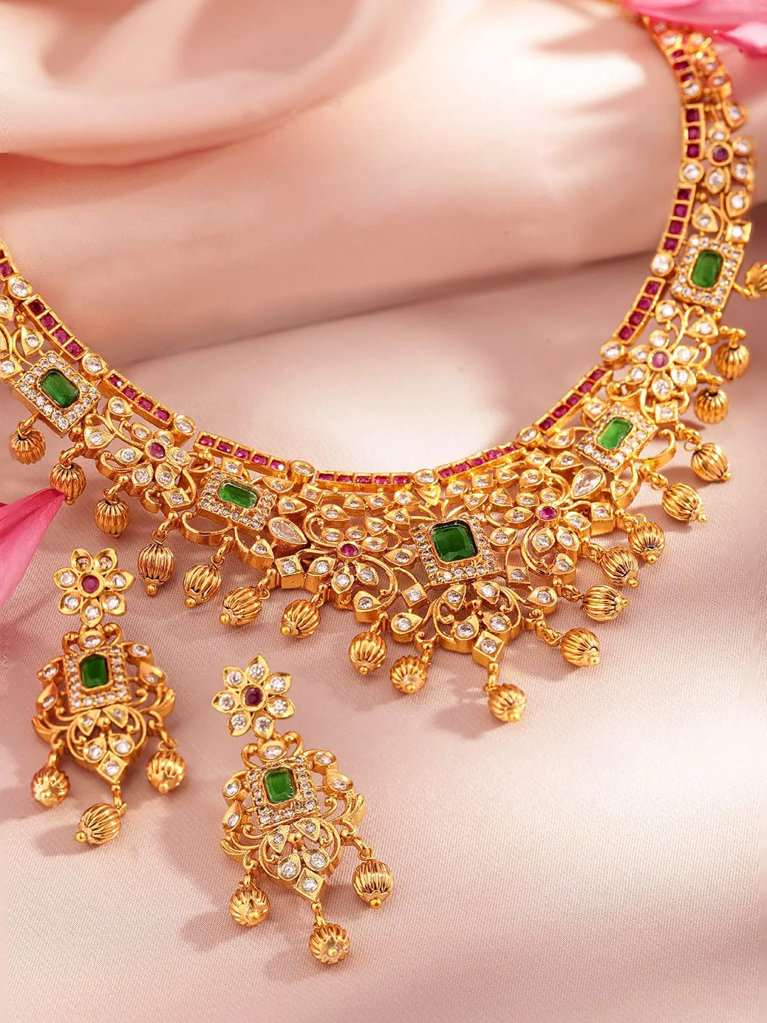 22K Gold-Plated Faux Ruby & Emerald Studded Beaded Jewellery Set