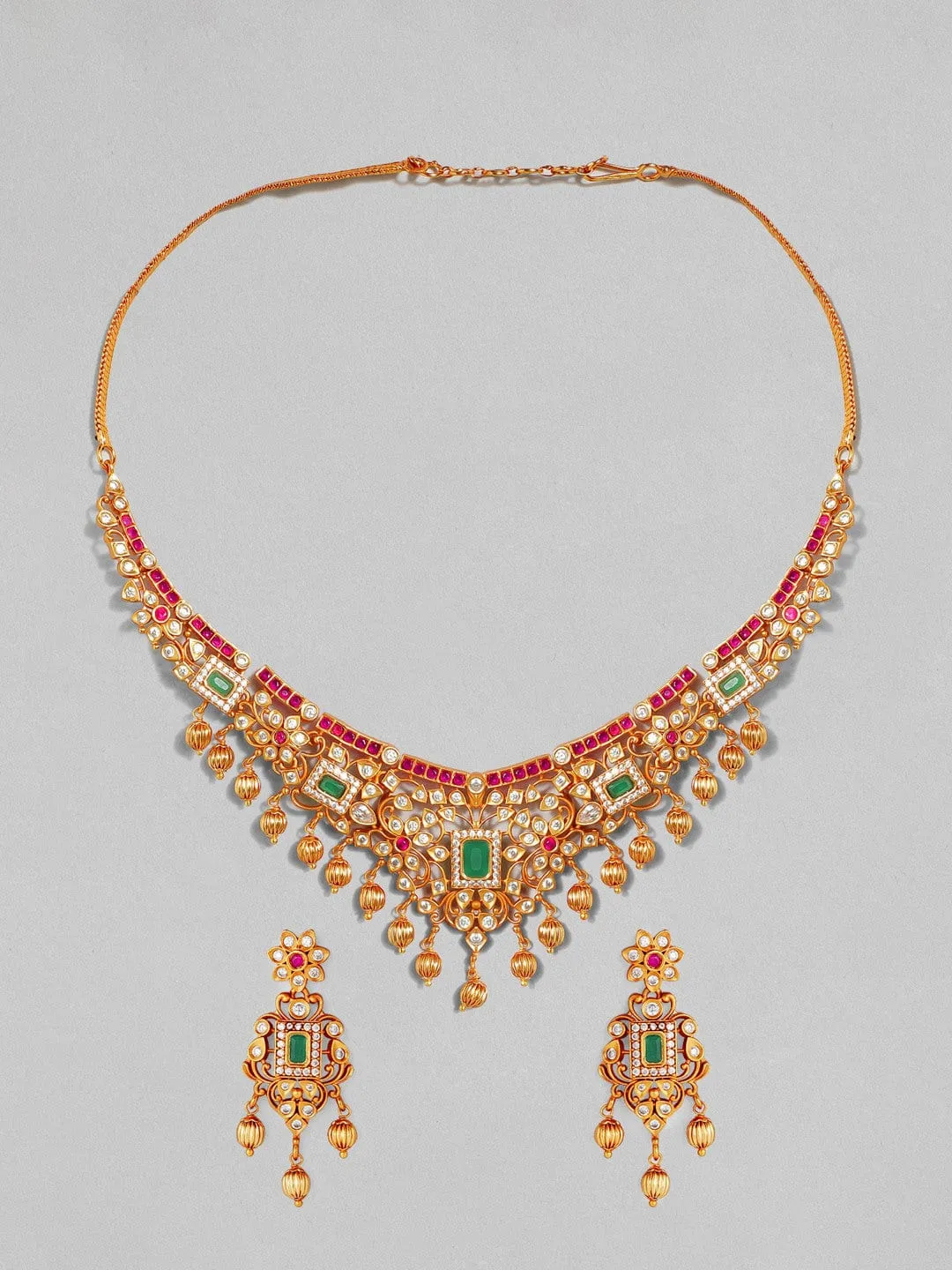 22K Gold-Plated Faux Ruby & Emerald Studded Beaded Jewellery Set