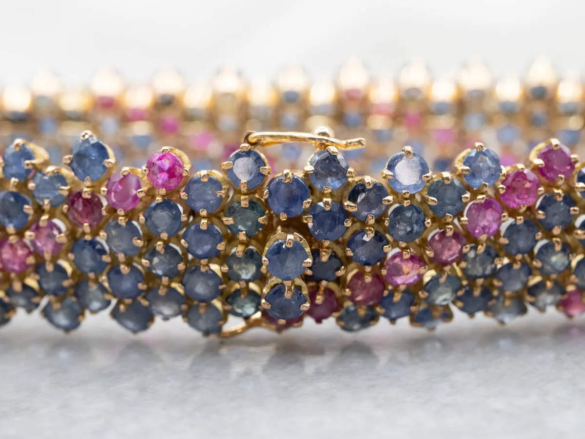 22K Yellow Gold Blue Sapphire and Ruby Encrusted Tennis Bracelet