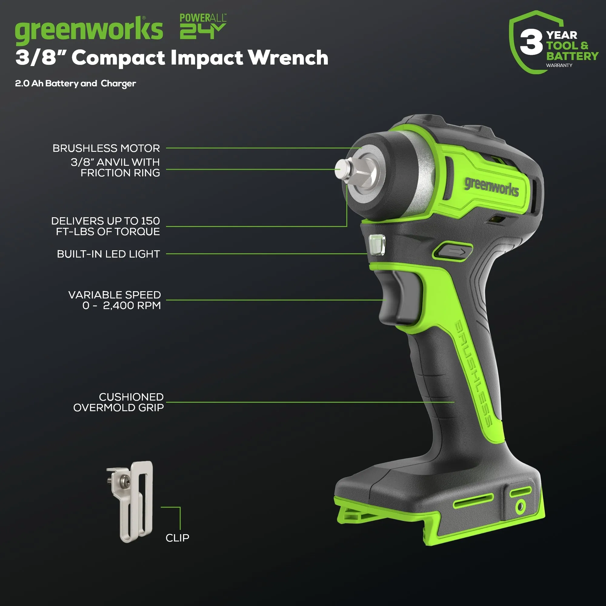 24V 3/8" Cordless Battery Impact Wrench w/ 2.0Ah Battery & Charger