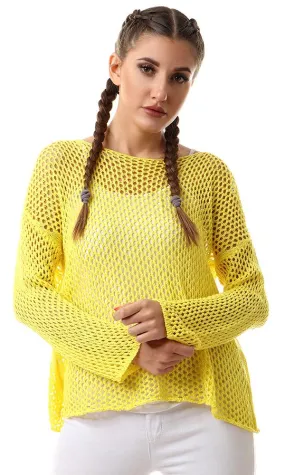 56655 Yellow Perforated Knit Long Sleeves Sweater