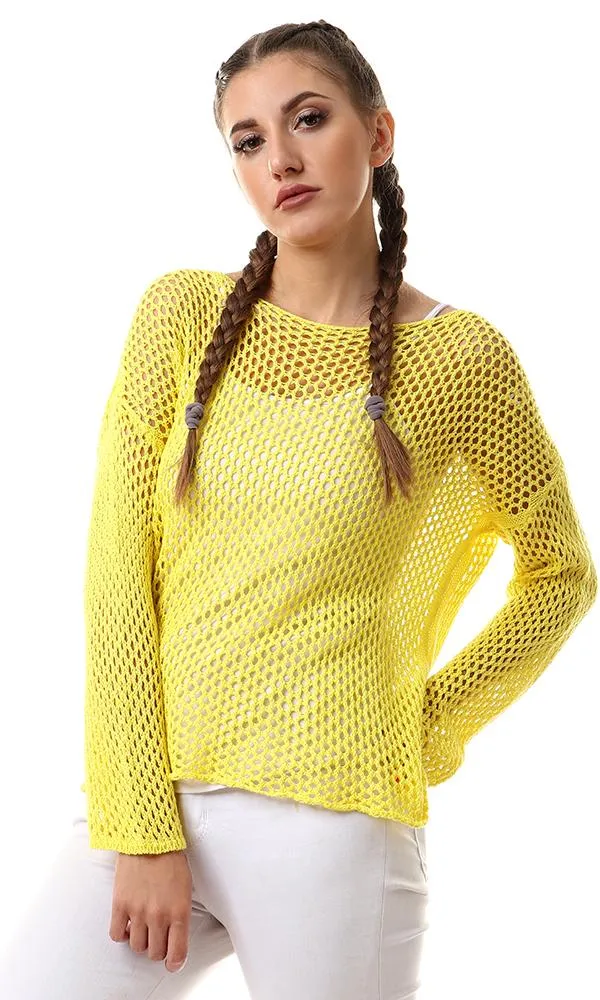 56655 Yellow Perforated Knit Long Sleeves Sweater