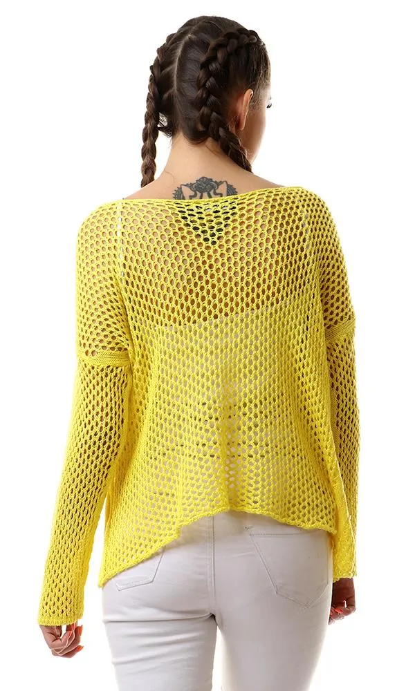 56655 Yellow Perforated Knit Long Sleeves Sweater