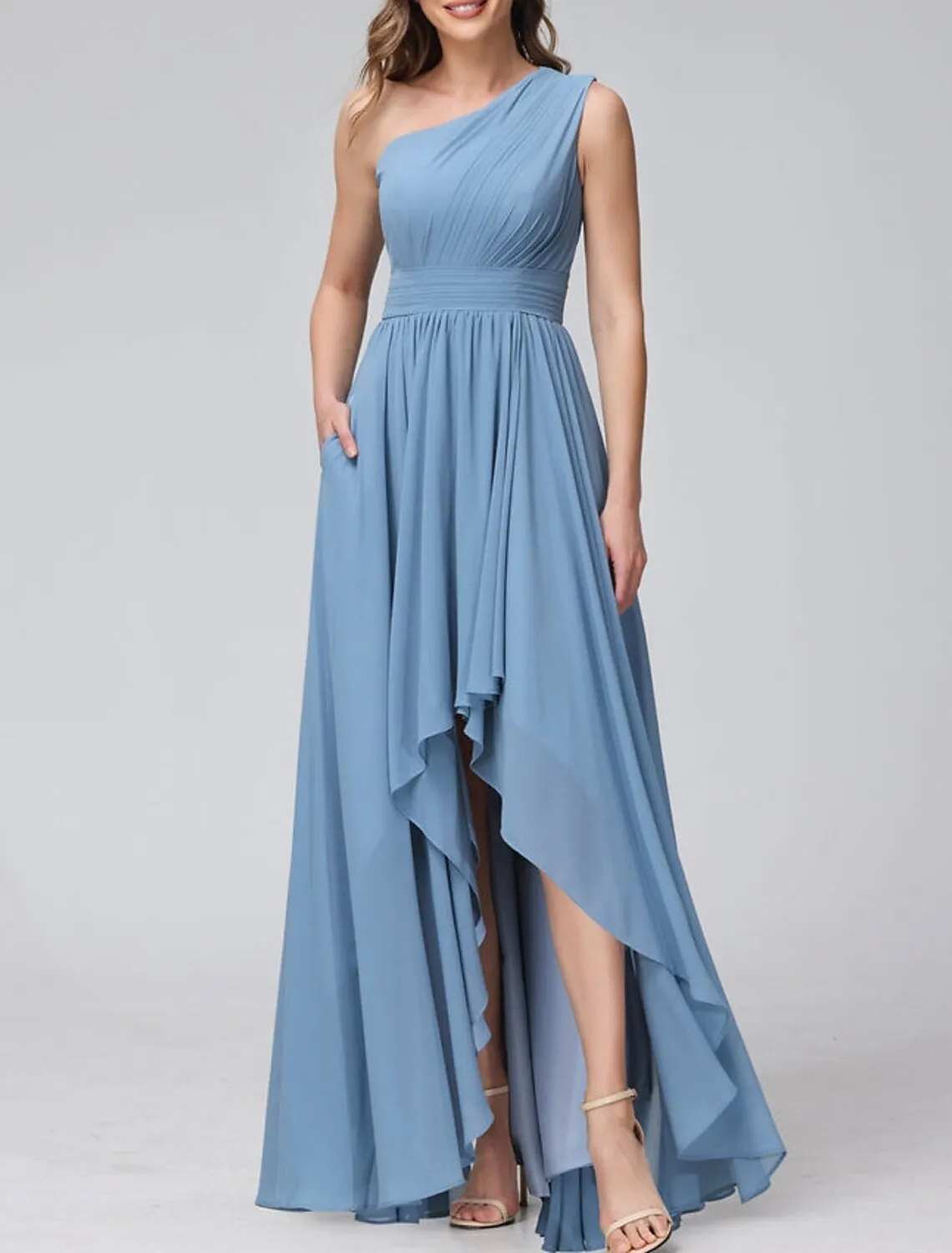 A-Line Bridesmaid Dress One Shoulder Sleeveless Blue Asymmetrical Chiffon with Solid Color