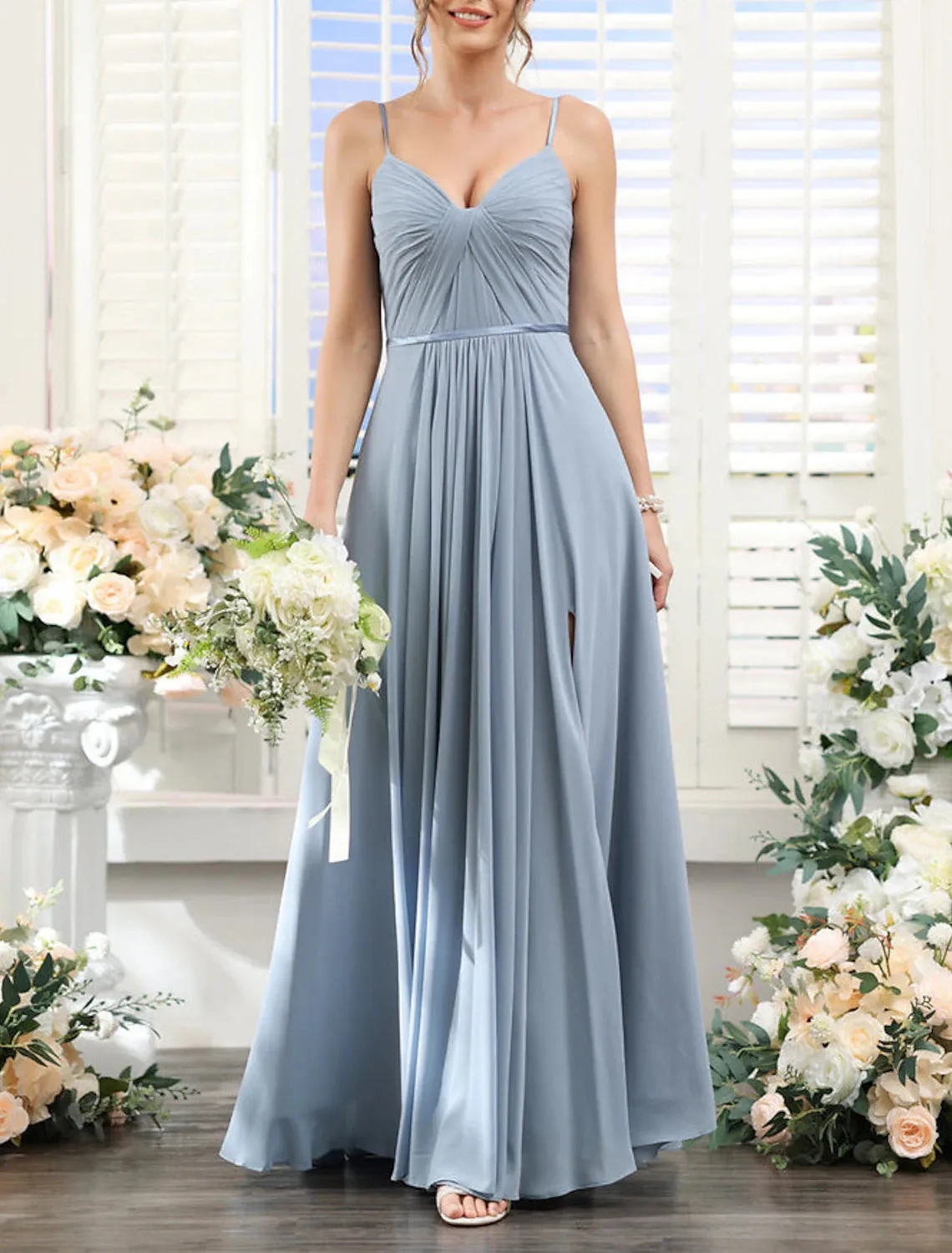 A-Line Bridesmaid Dress Spaghetti Strap Sleeveless Blue Floor Length Chiffon with Split Front / Ruching