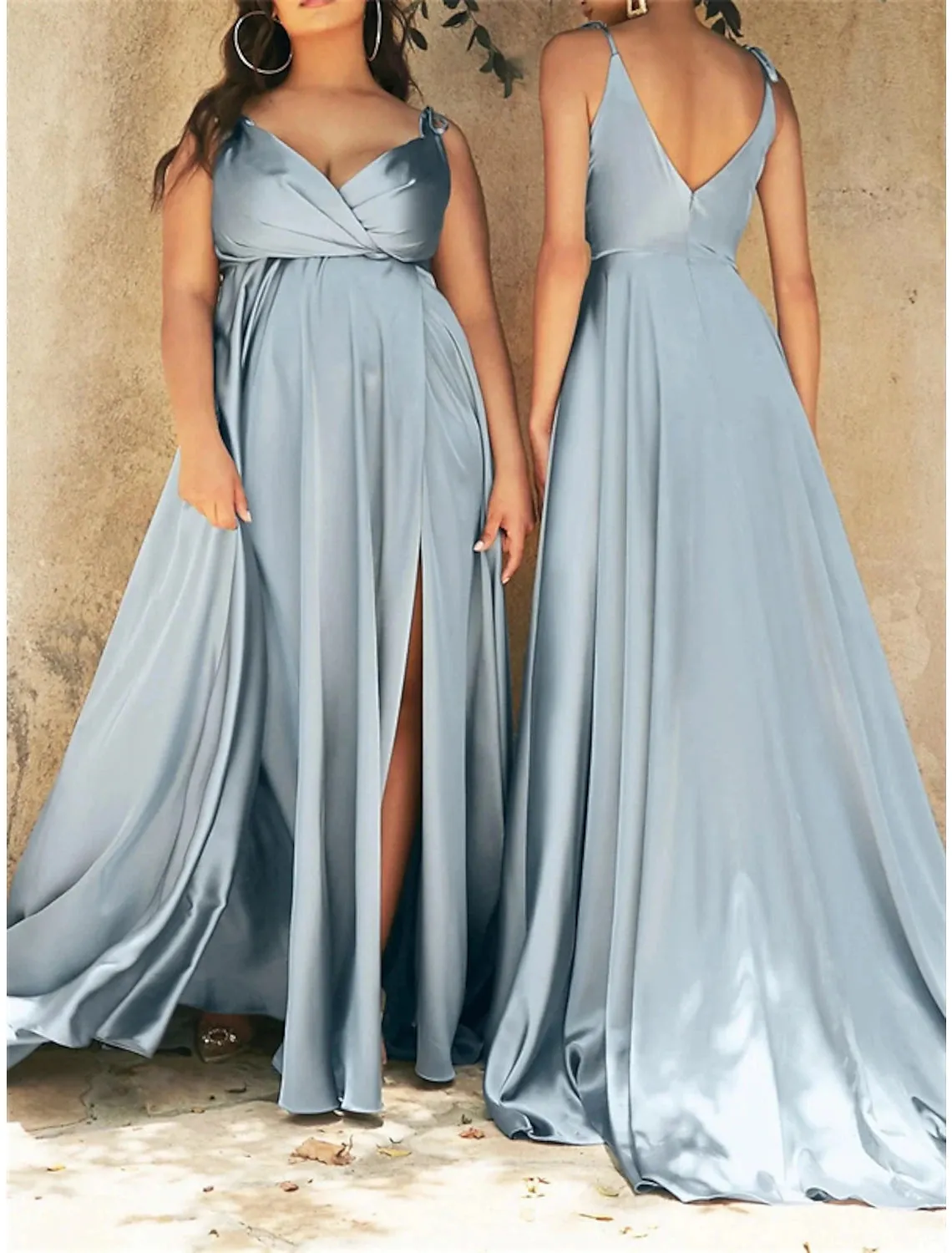 A-Line Bridesmaid Dress V Neck Long Sleeve Blue Floor Length Chiffon with Split Front / Ruching