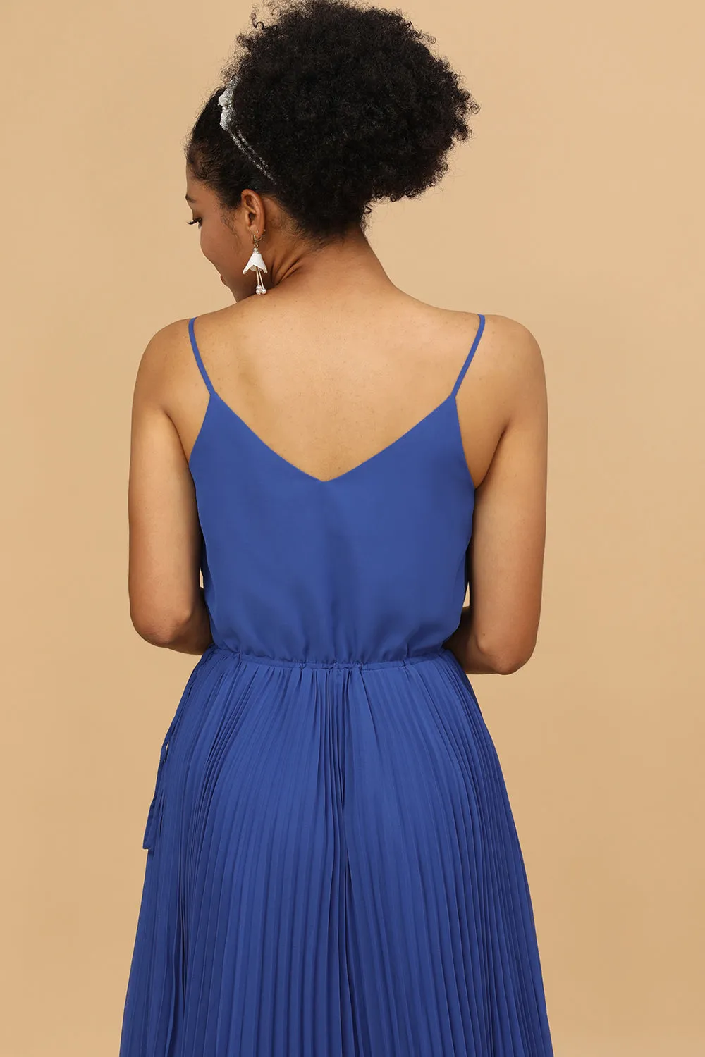 A Line Spaghetti Straps Royal Blue Tea Length Bridesmaid Dress