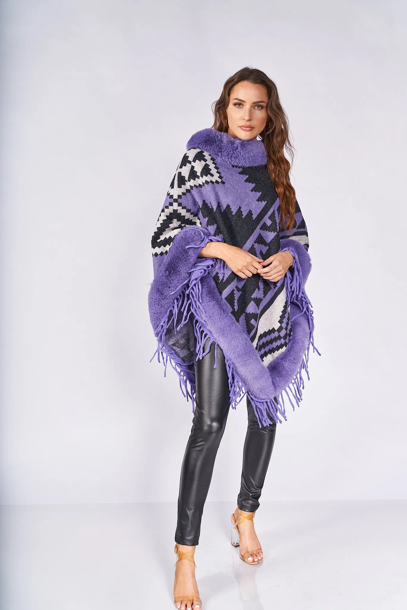 Abstract-Print Faux Fur Poncho