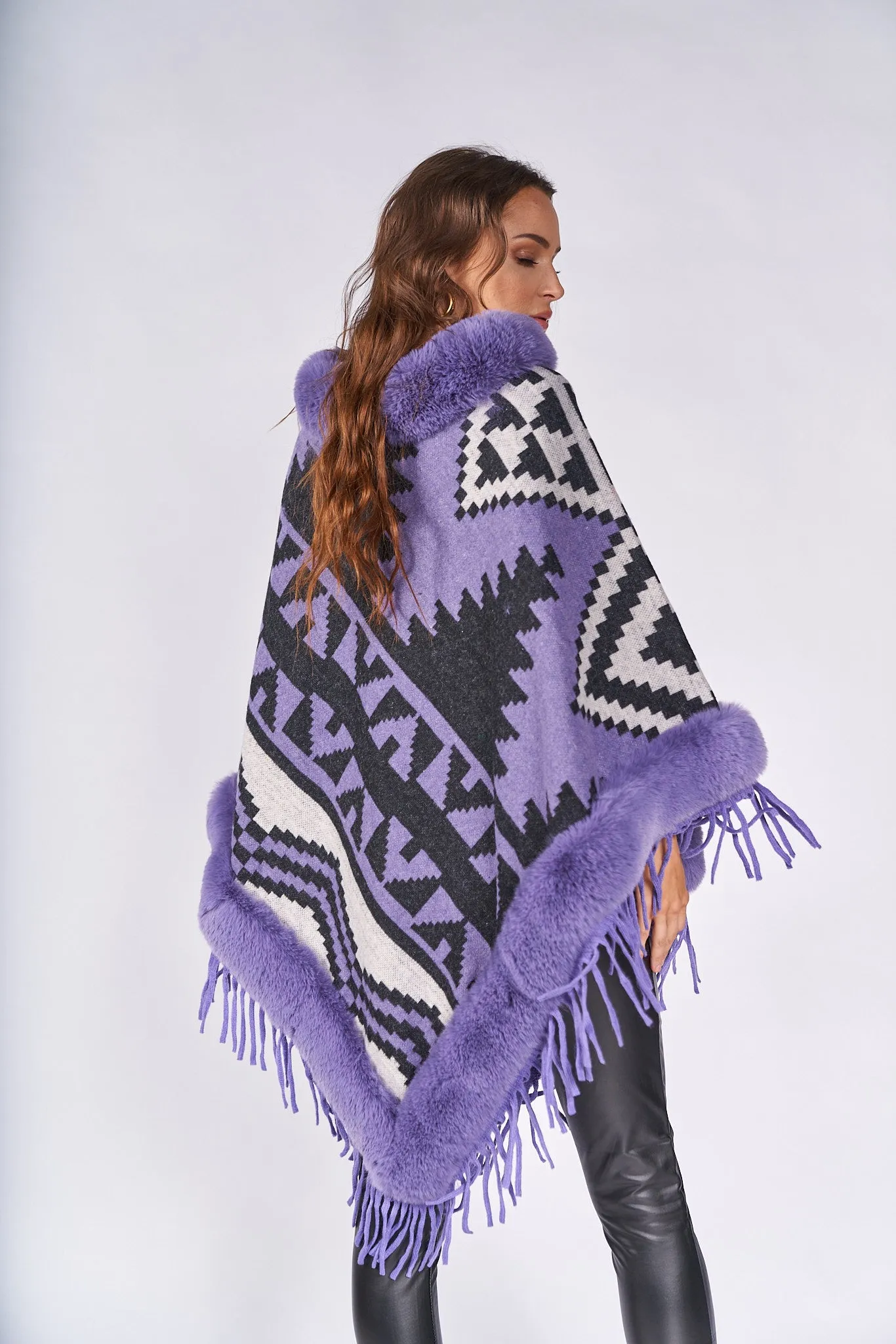 Abstract-Print Faux Fur Poncho