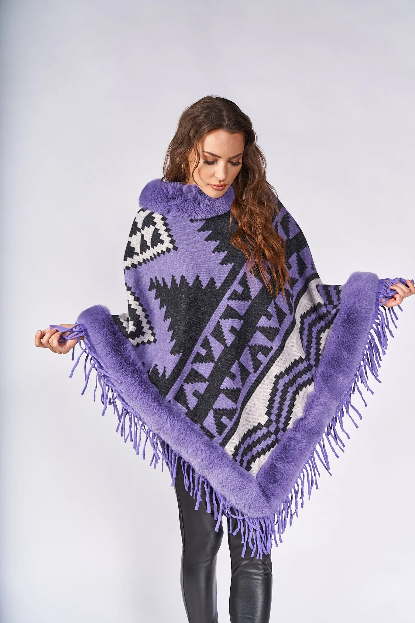 Abstract-Print Faux Fur Poncho