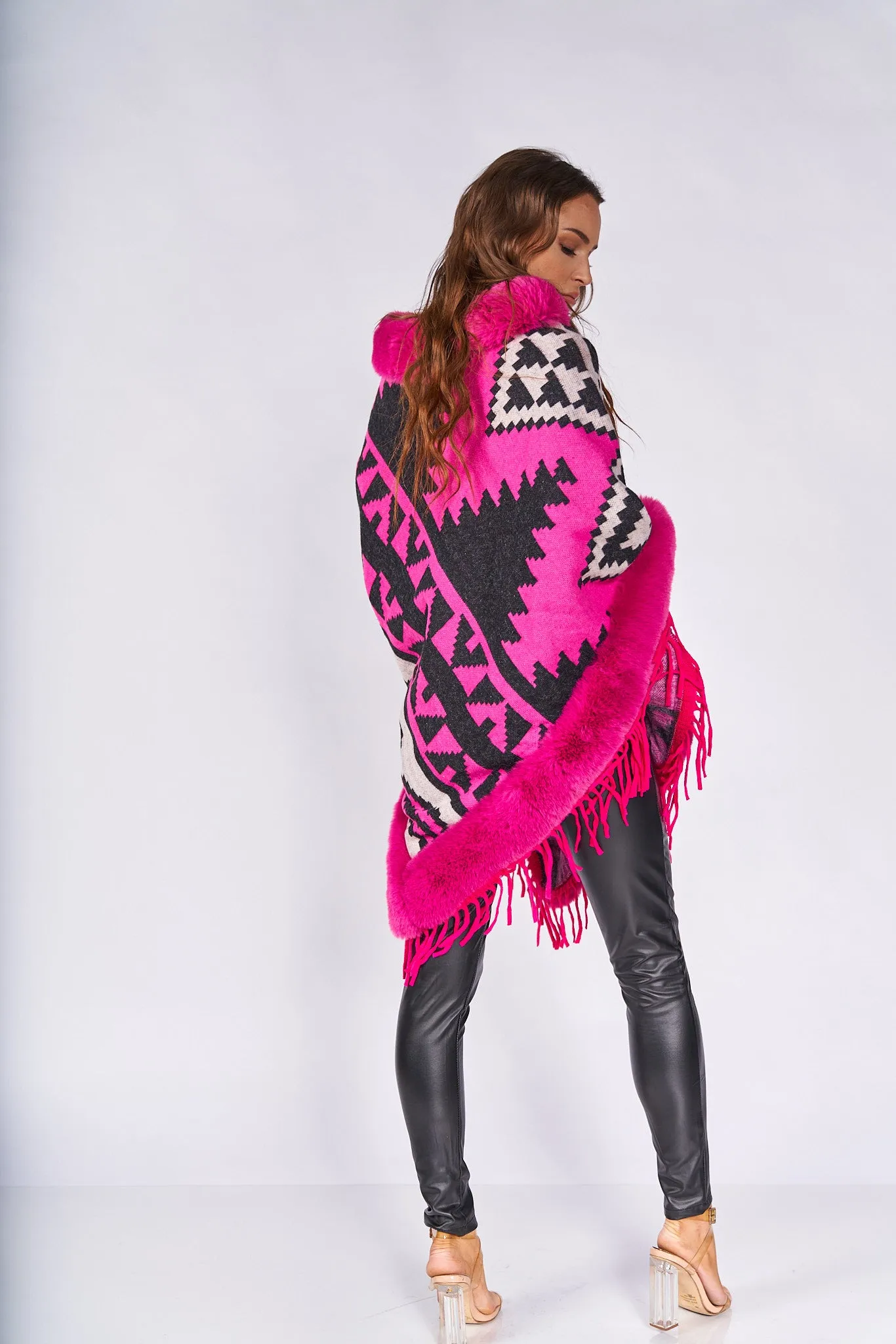 Abstract-Print Faux Fur Poncho