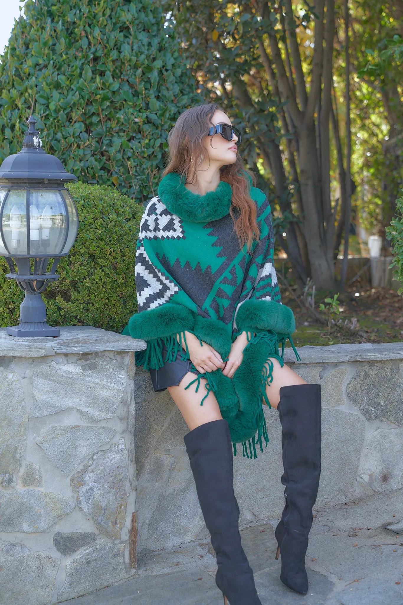 Abstract-Print Faux Fur Poncho