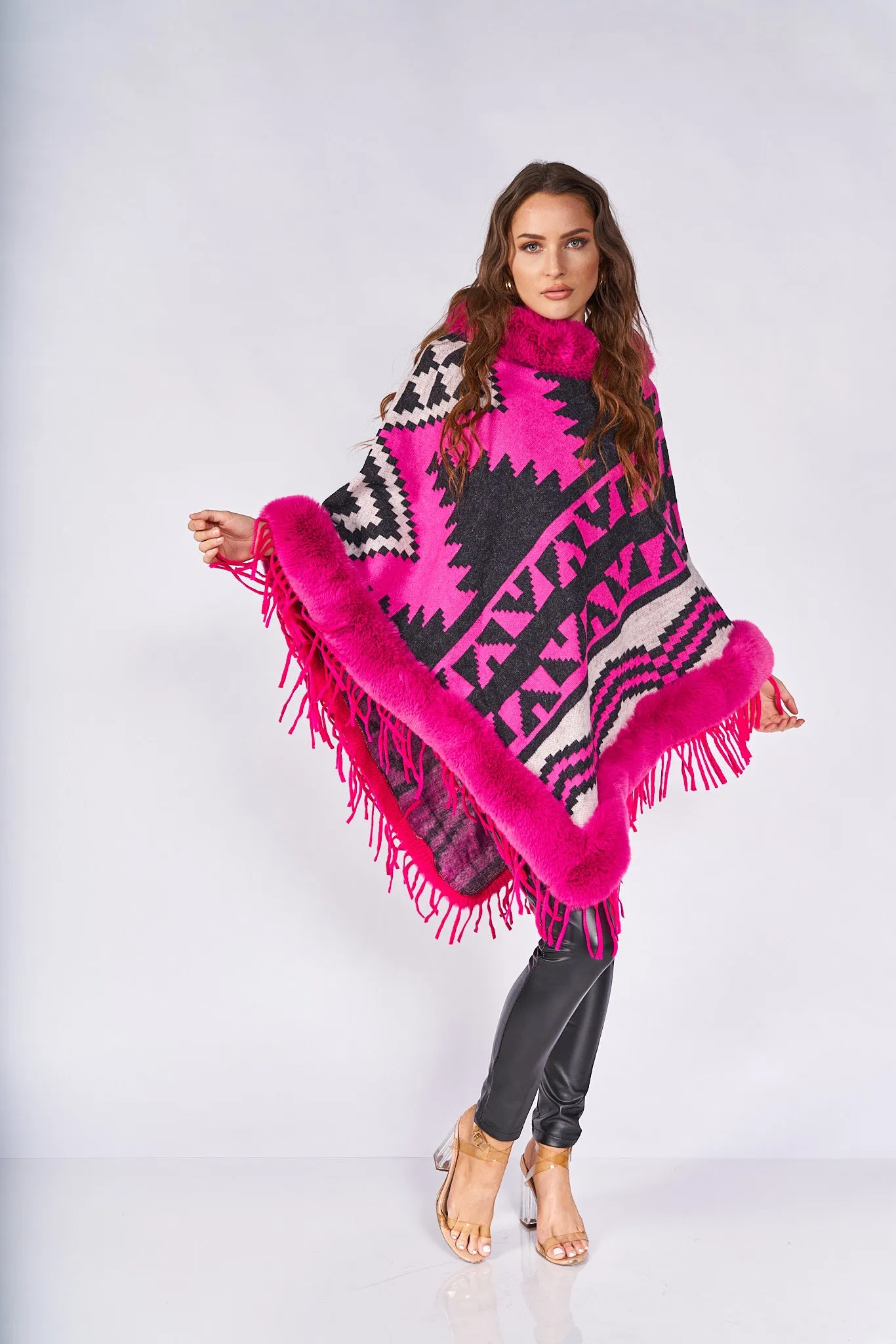 Abstract-Print Faux Fur Poncho