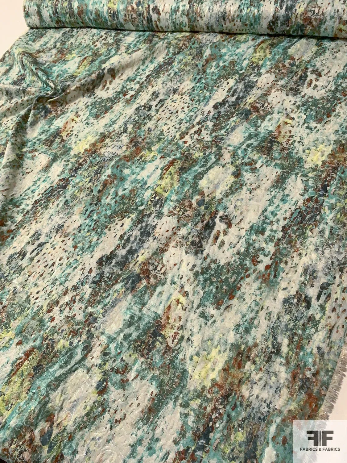 Abstract Printed Brocade with Shimmer - Seafoam / Teal / Rust / Lightest Grey