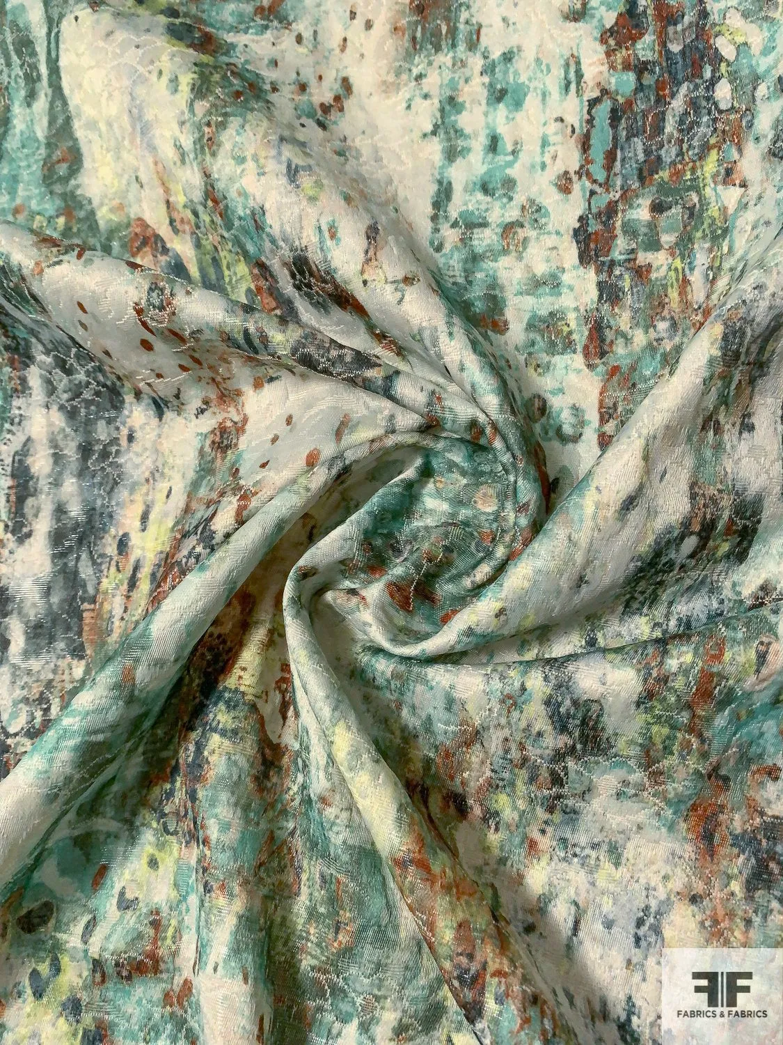 Abstract Printed Brocade with Shimmer - Seafoam / Teal / Rust / Lightest Grey