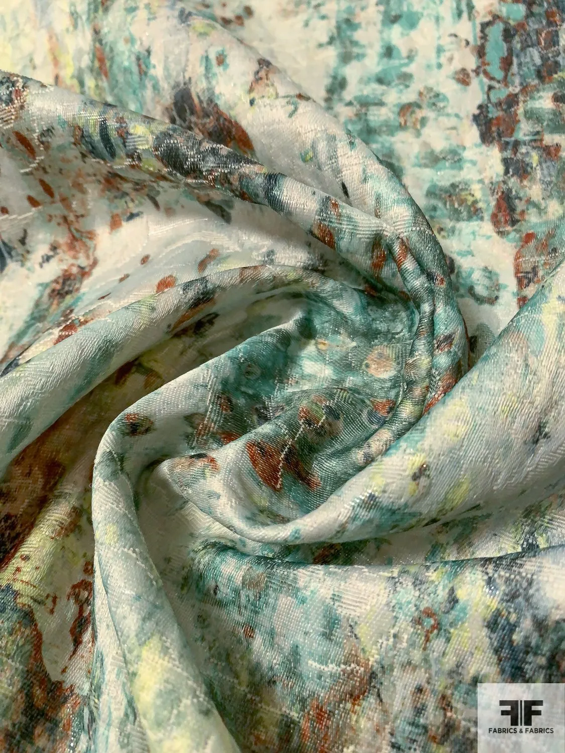 Abstract Printed Brocade with Shimmer - Seafoam / Teal / Rust / Lightest Grey