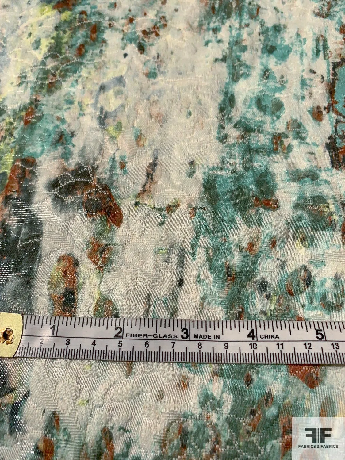 Abstract Printed Brocade with Shimmer - Seafoam / Teal / Rust / Lightest Grey