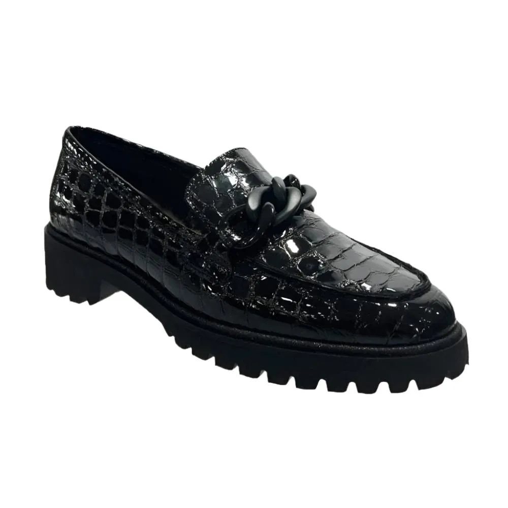 Ara Women's Kiana Chunky Sole Chain Loafer Black Croco Print Patent