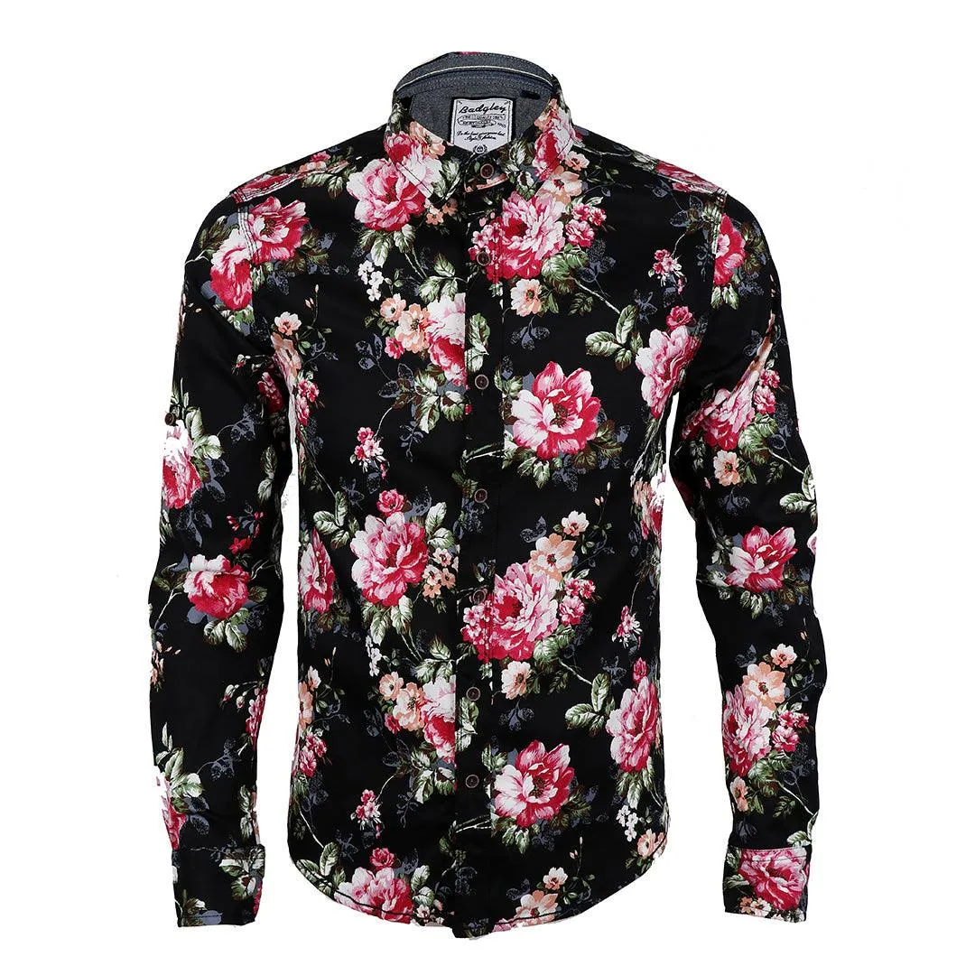 Badgley Quality Closet Trendy Floral Designed Long Sleeve Shirt- Black