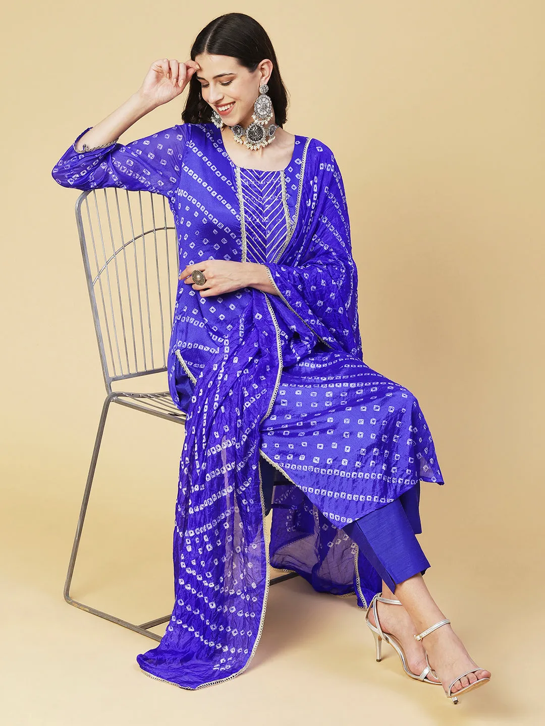 Bandhani Printed Kurta With Pants & Bandhani Dupatta - Blue