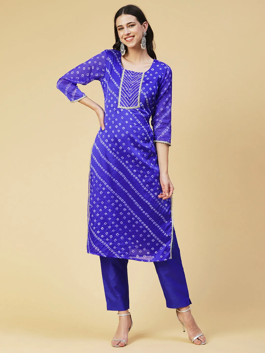 Bandhani Printed Kurta With Pants & Bandhani Dupatta - Blue