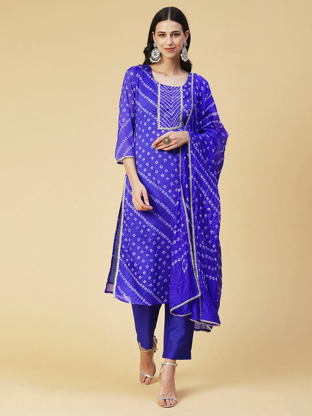 Bandhani Printed Kurta With Pants & Bandhani Dupatta - Blue