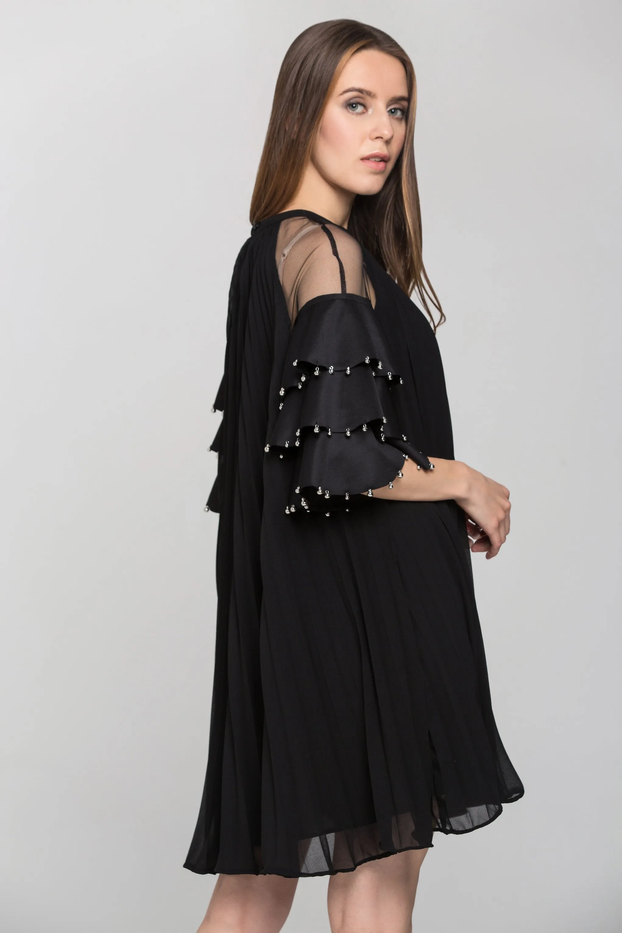 Black Chiffon Tiered Sleeves Pleated Tent Midi Dress