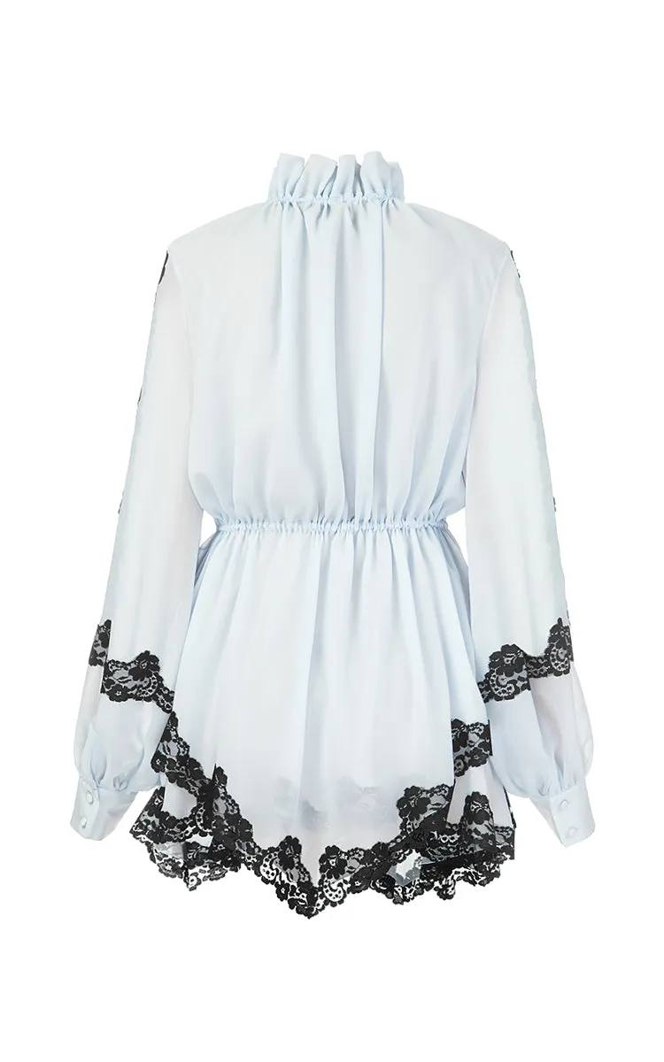 Blue Chiffon Blouse with Black Lace