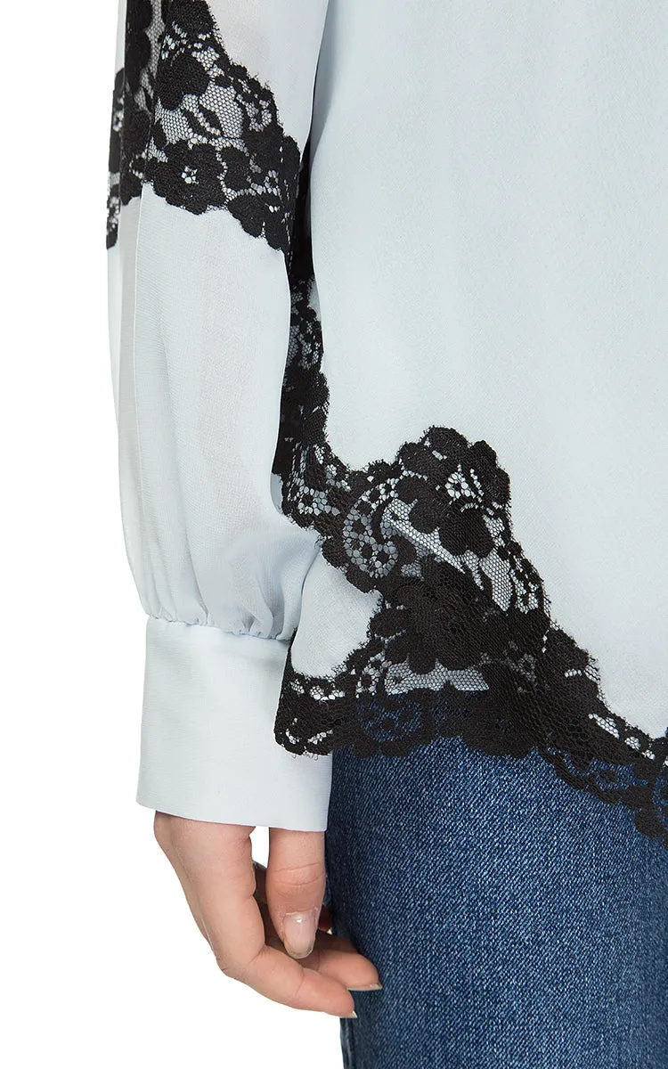 Blue Chiffon Blouse with Black Lace