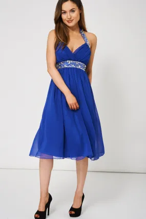 Blue Pleated Bust And Gem Chiffon Dress