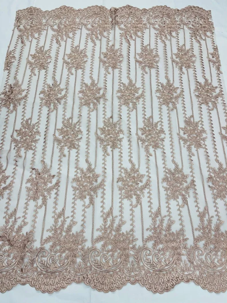 Blush Lace Fabric _ Embroidered Floral Flowers Lace on Mesh Fabric