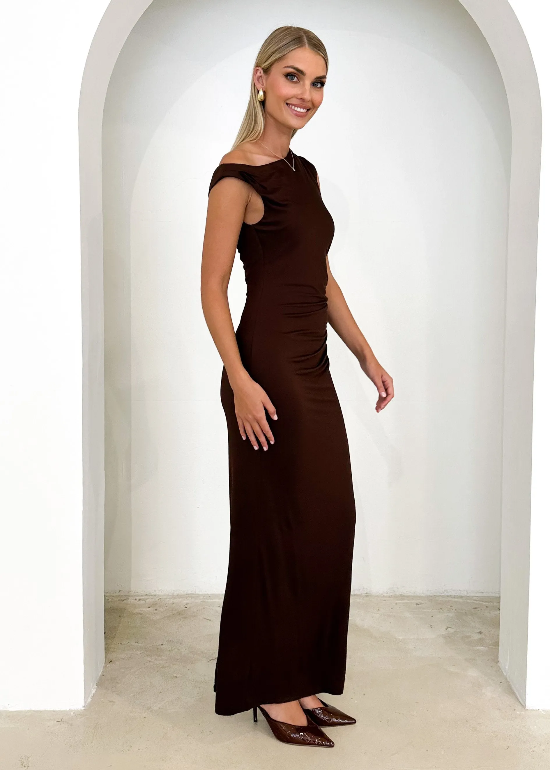 Carmella One Shoulder Maxi Dress - Chocolate