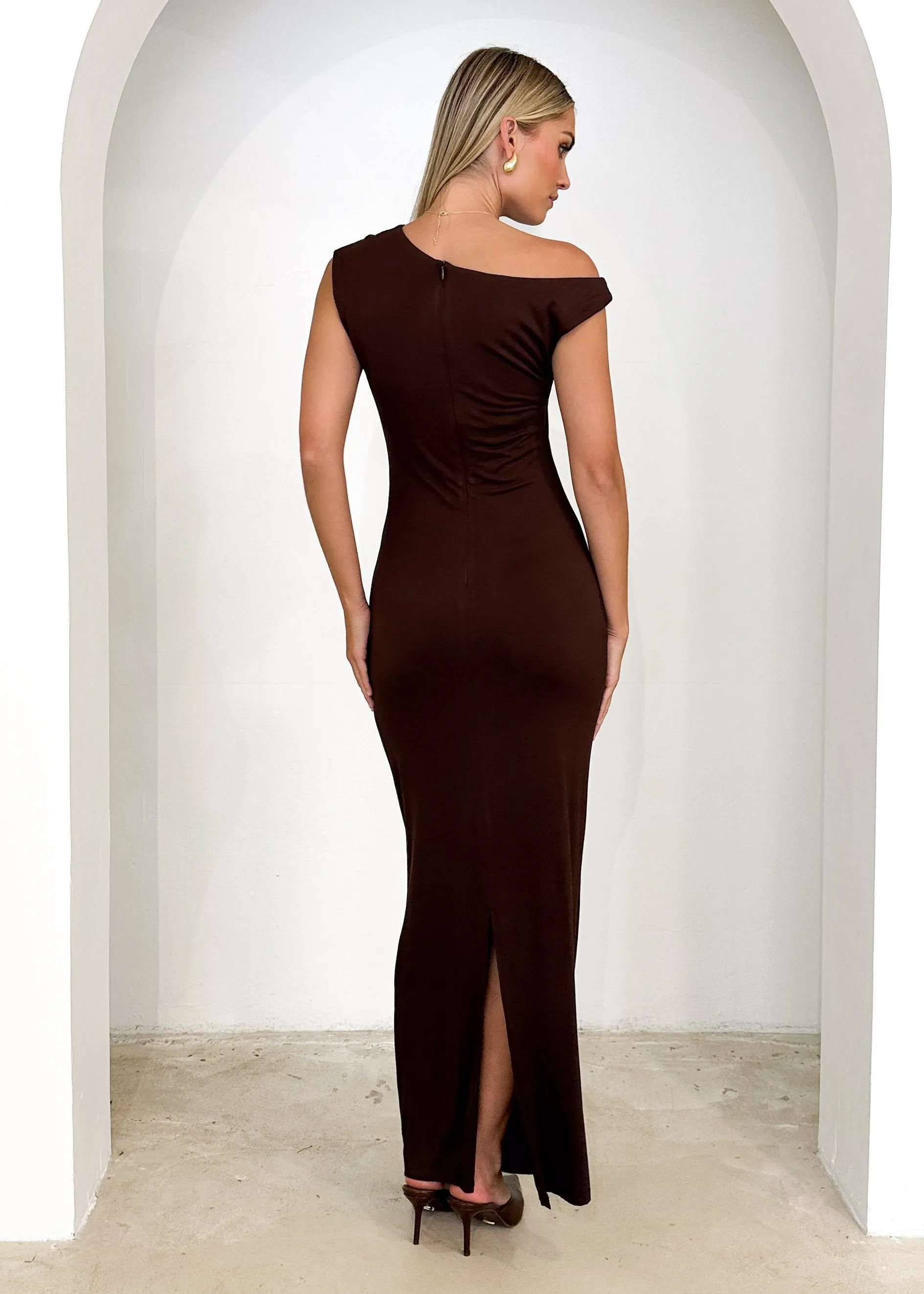 Carmella One Shoulder Maxi Dress - Chocolate