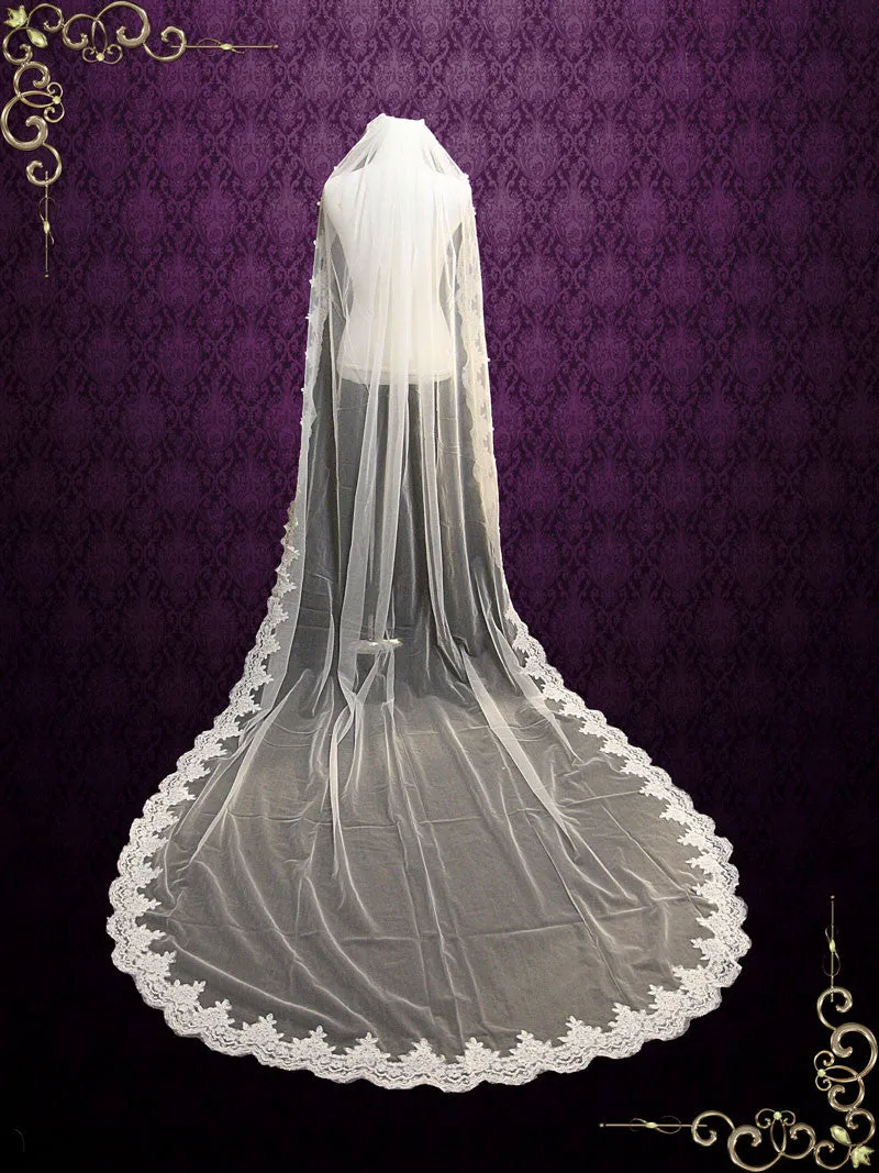 Cathedral Length Lace Wedding Veil Gathered at the top  VG1050