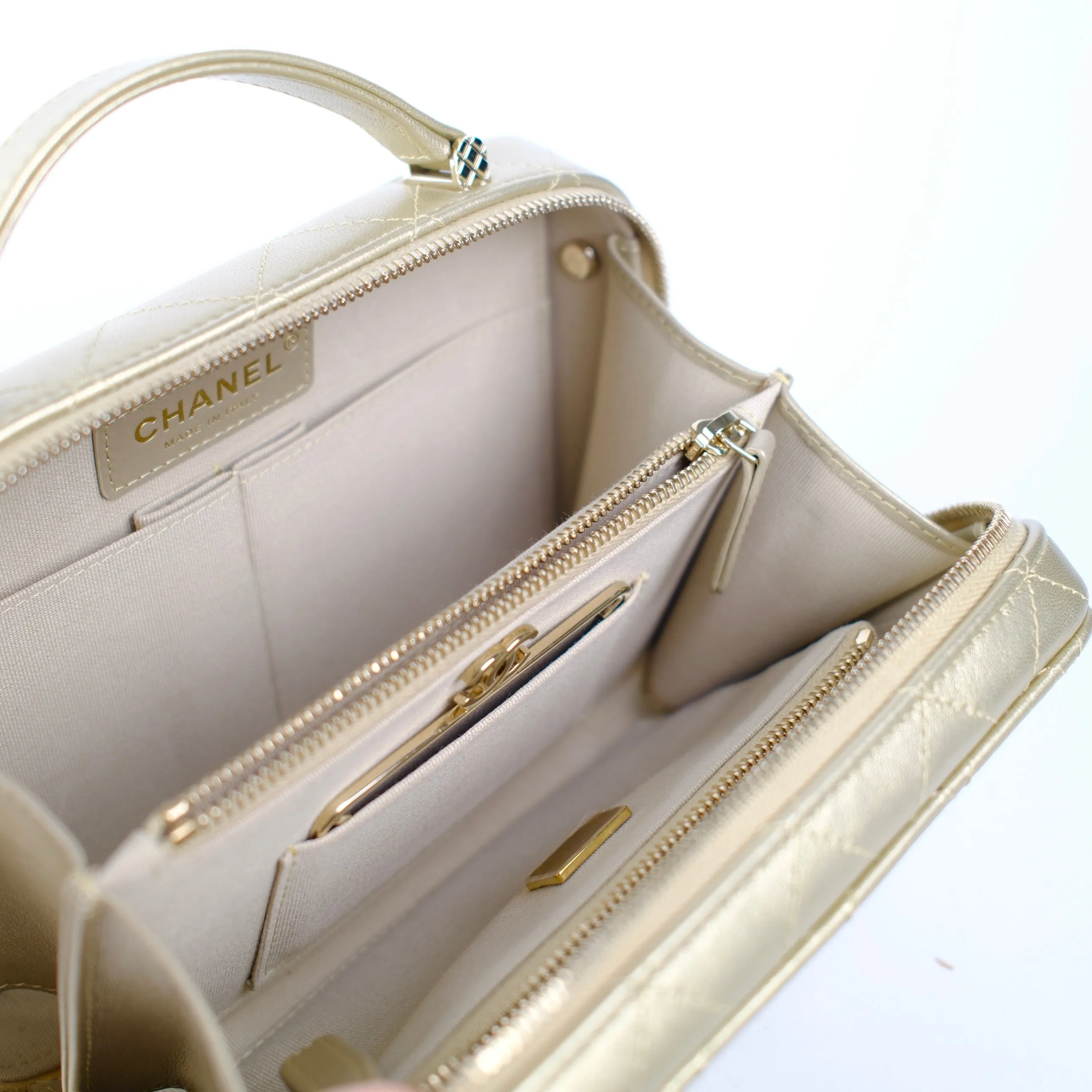 Chanel Champagne/Gold Top Handle Vanity Crossbody Bag with Mirror (Microchip)