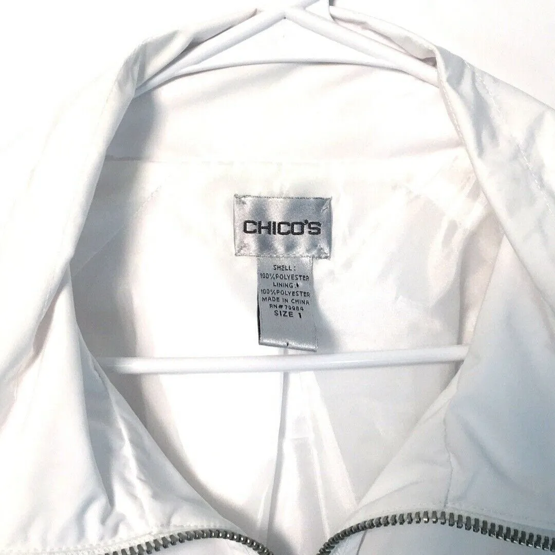 Chicos Womens Size 1 White Utility Jacket with Bubble Sleeves Full Zip Up