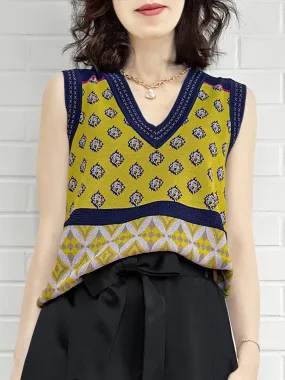 Citron Yellow Mosaic Pattern Knitted Sleeveless V-neck Sweater