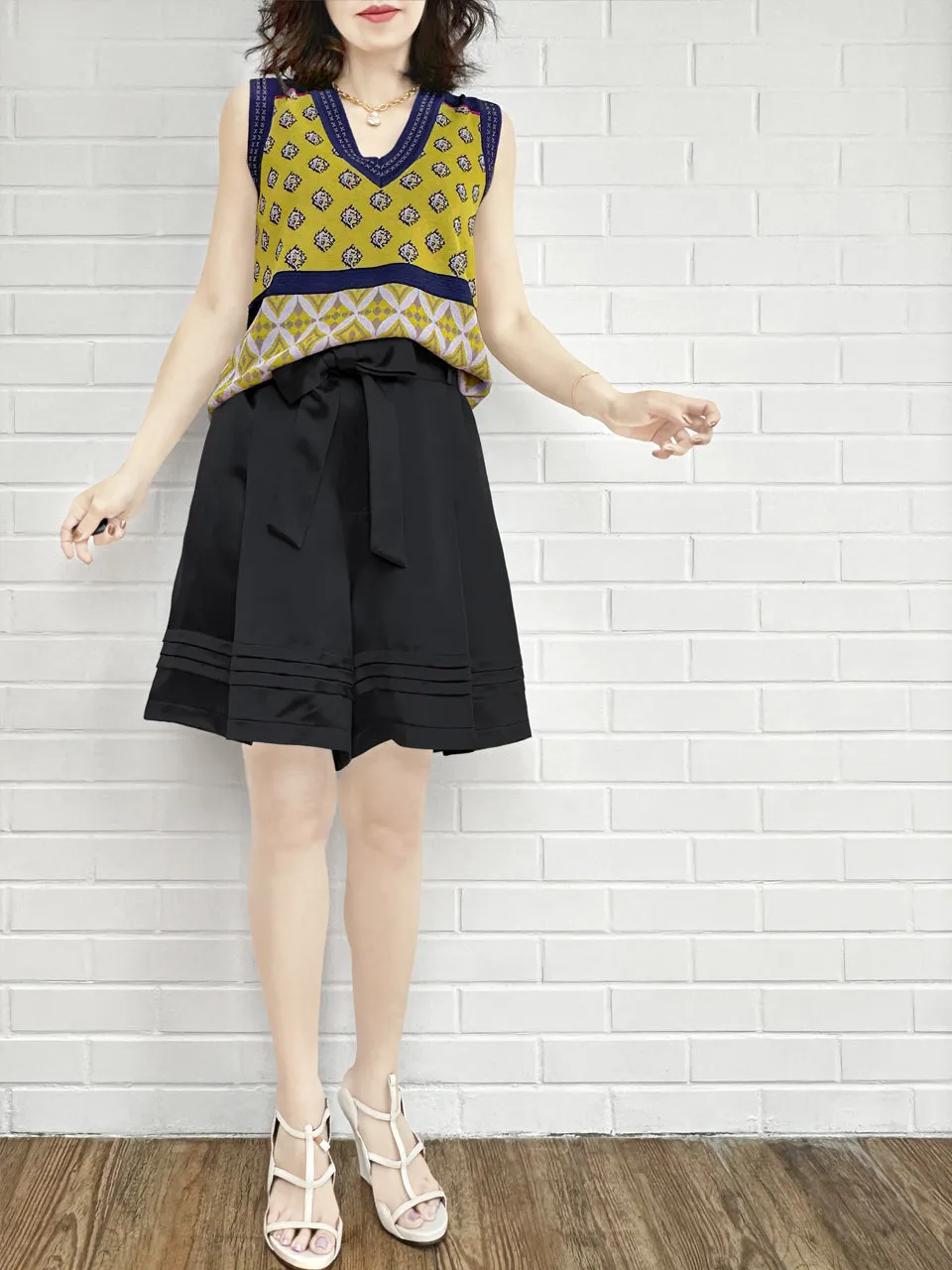 Citron Yellow Mosaic Pattern Knitted Sleeveless V-neck Sweater