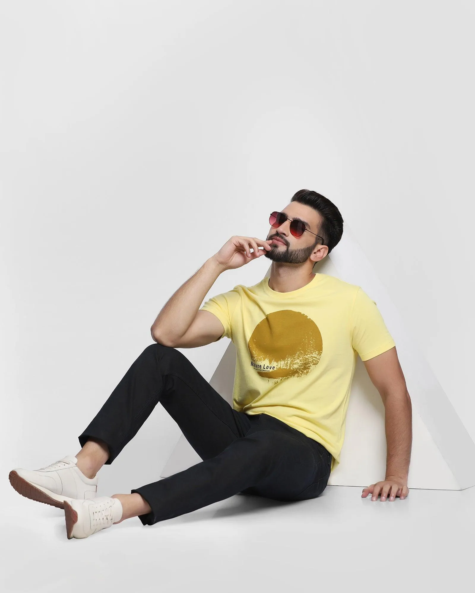 Crew Neck Bright Yellow Printed T-Shirt - Forest