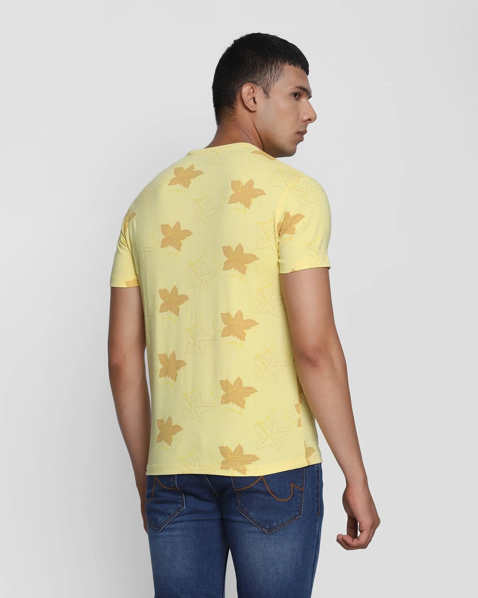 Crew Neck Bright Yellow Printed T-Shirt - Pointelle