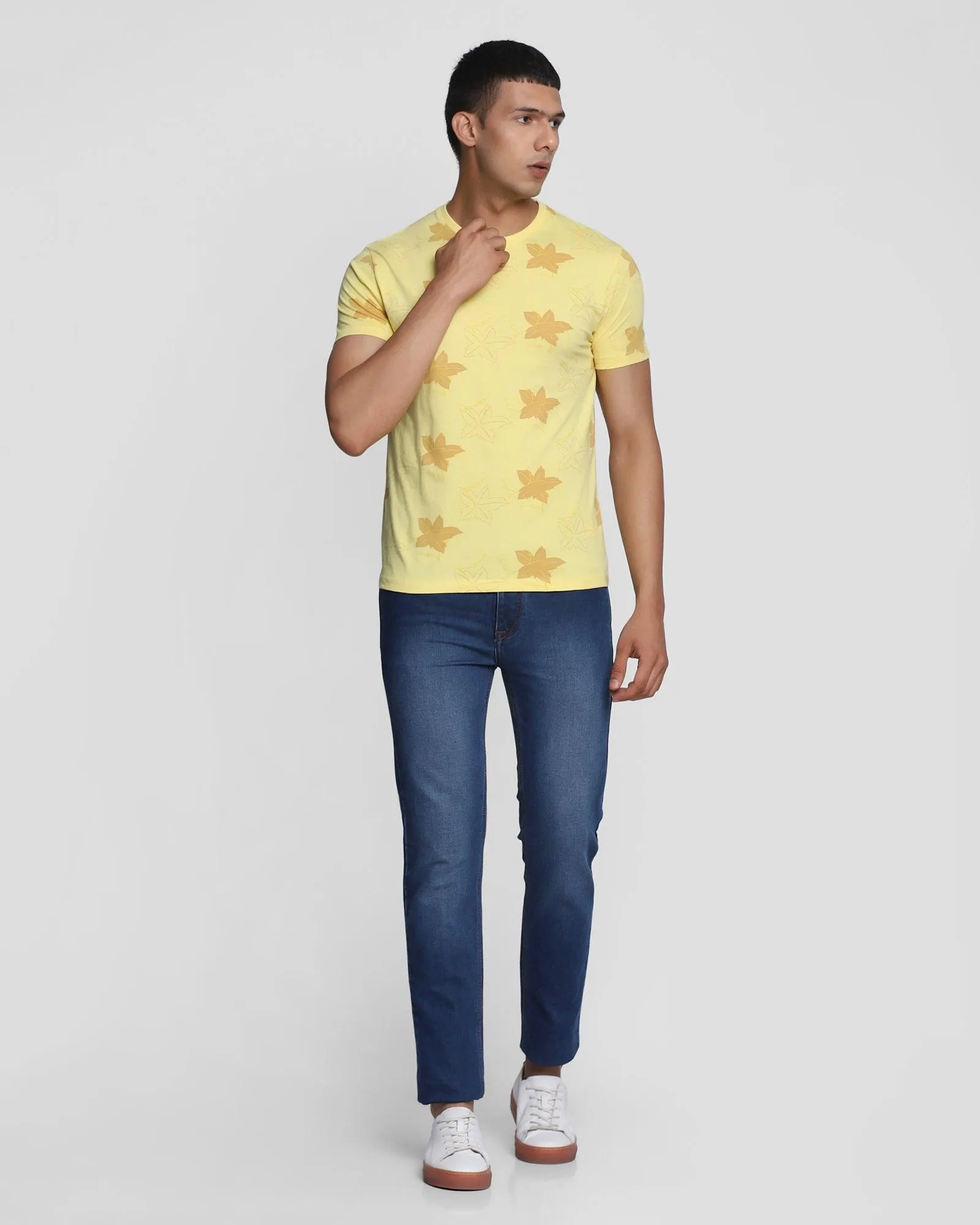 Crew Neck Bright Yellow Printed T-Shirt - Pointelle