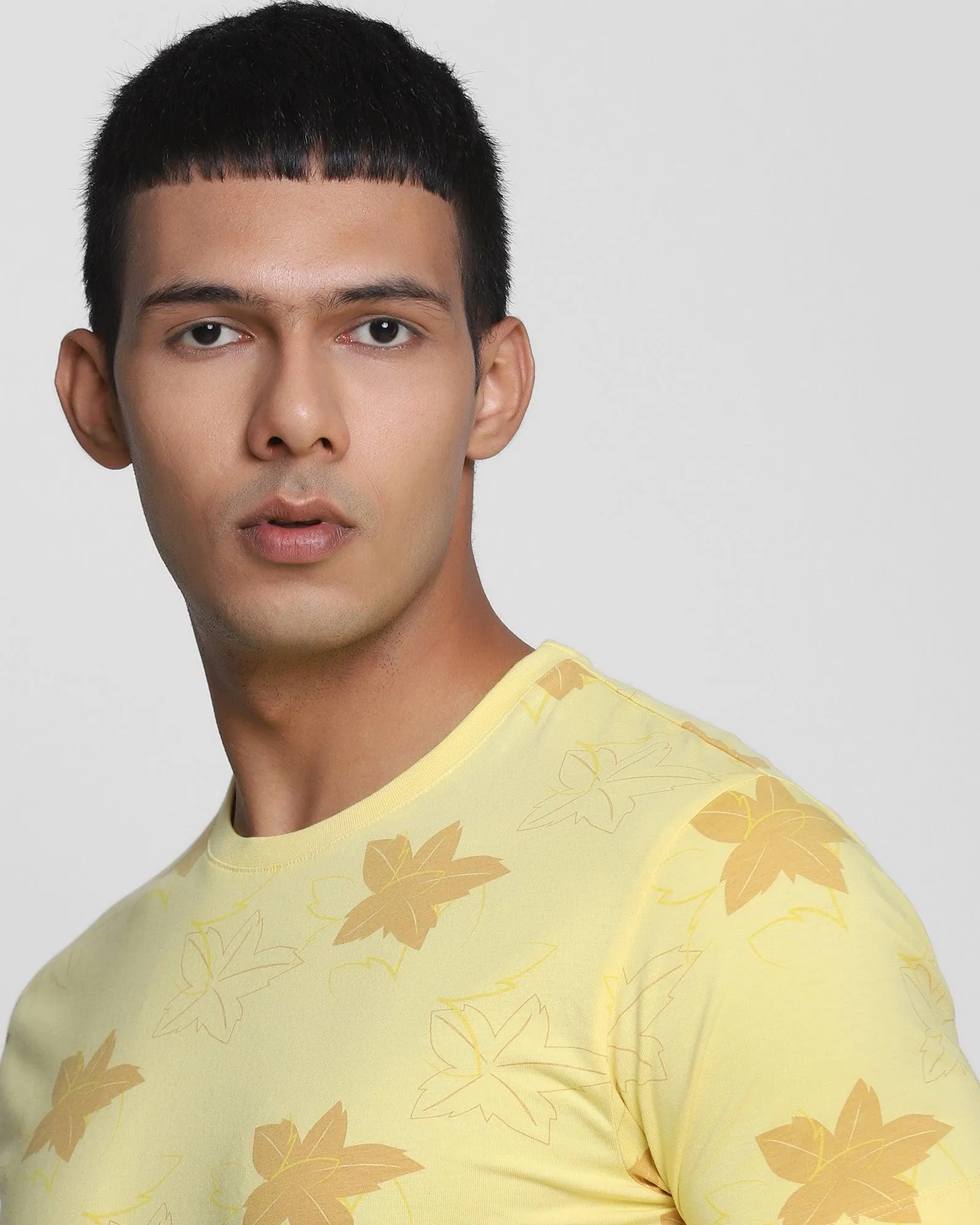 Crew Neck Bright Yellow Printed T-Shirt - Pointelle