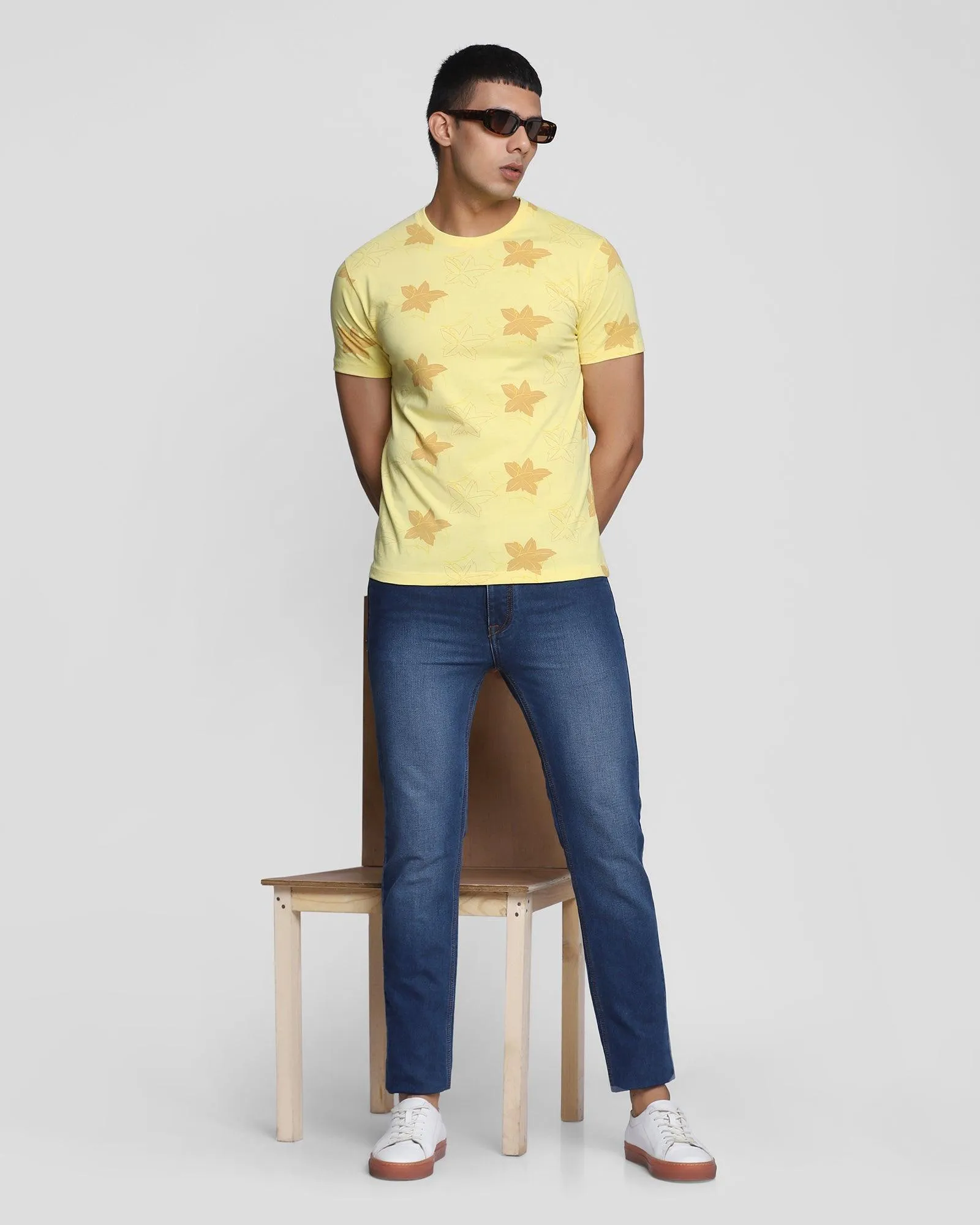 Crew Neck Bright Yellow Printed T-Shirt - Pointelle